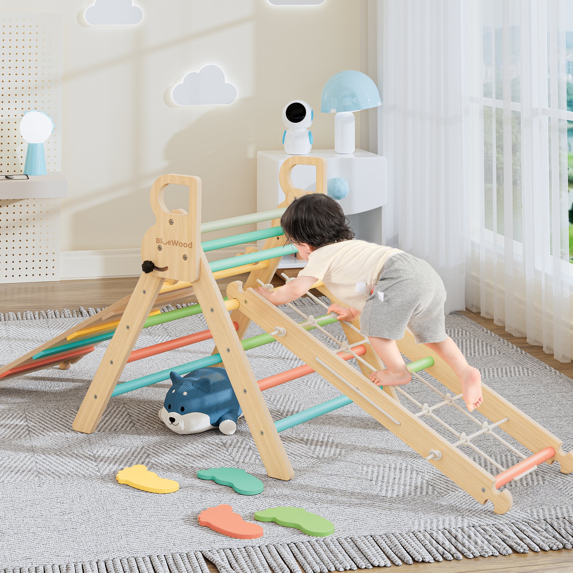 Ramble- Juego triangular Pikler BlueWood® con escalera de cuerda *Pétalos